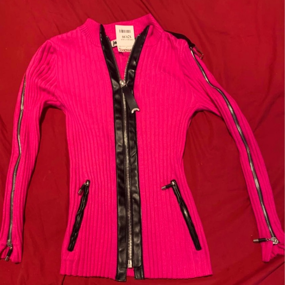 Hot Pink Slim Fit Zip Up Sweater